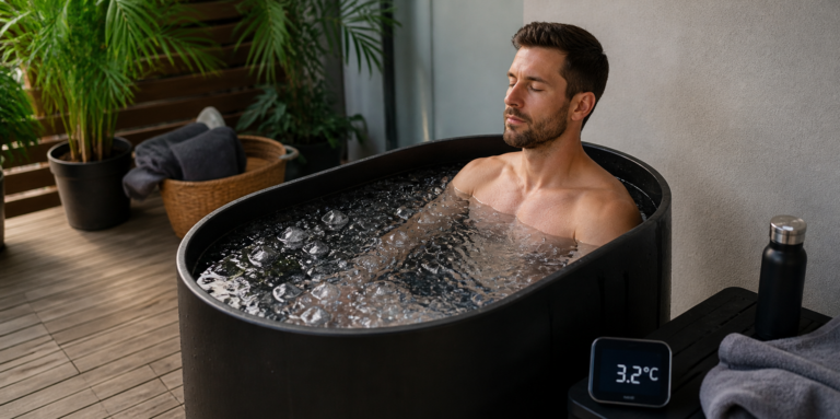Man sitting in ice bath for chronic pain relief at home