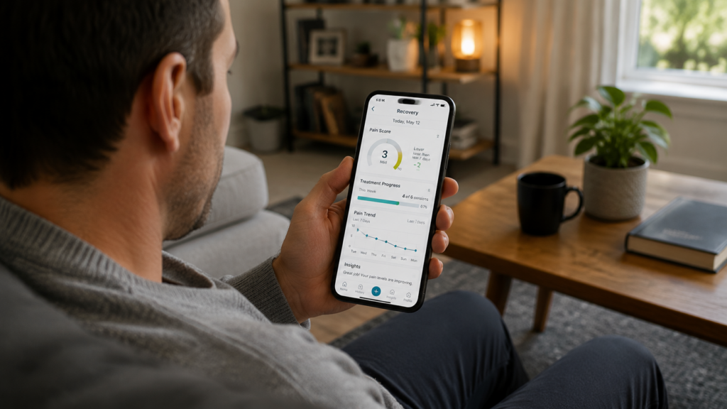 Person at home checking pain recovery and treatment progress on smartphone app