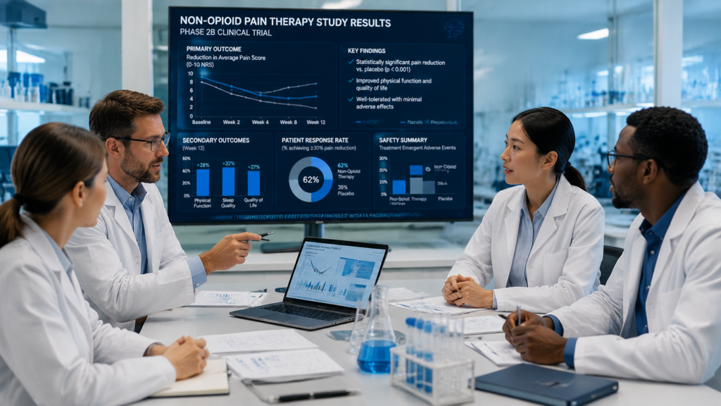 Research team discussing non‑opioid pain therapy results in modern lab setting