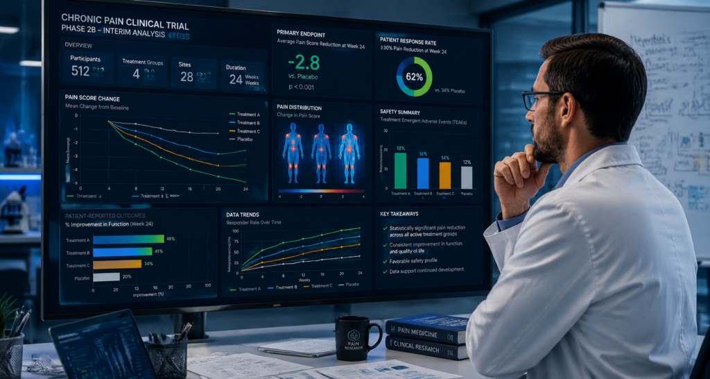 Scientist reviewing chronic pain clinical trial data on large screen clinical dashboard