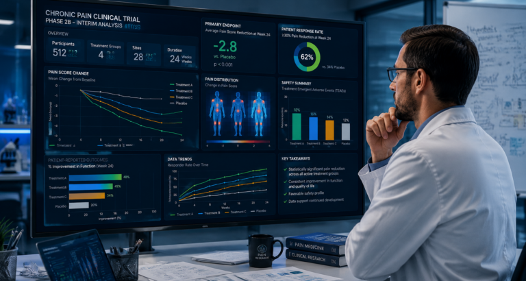 Scientist reviewing chronic pain clinical trial data on large screen clinical dashboard