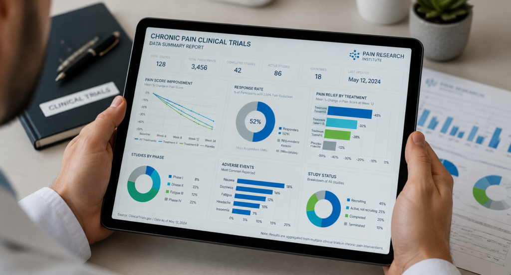 Tablet showing charts and report data from chronic pain clinical trials