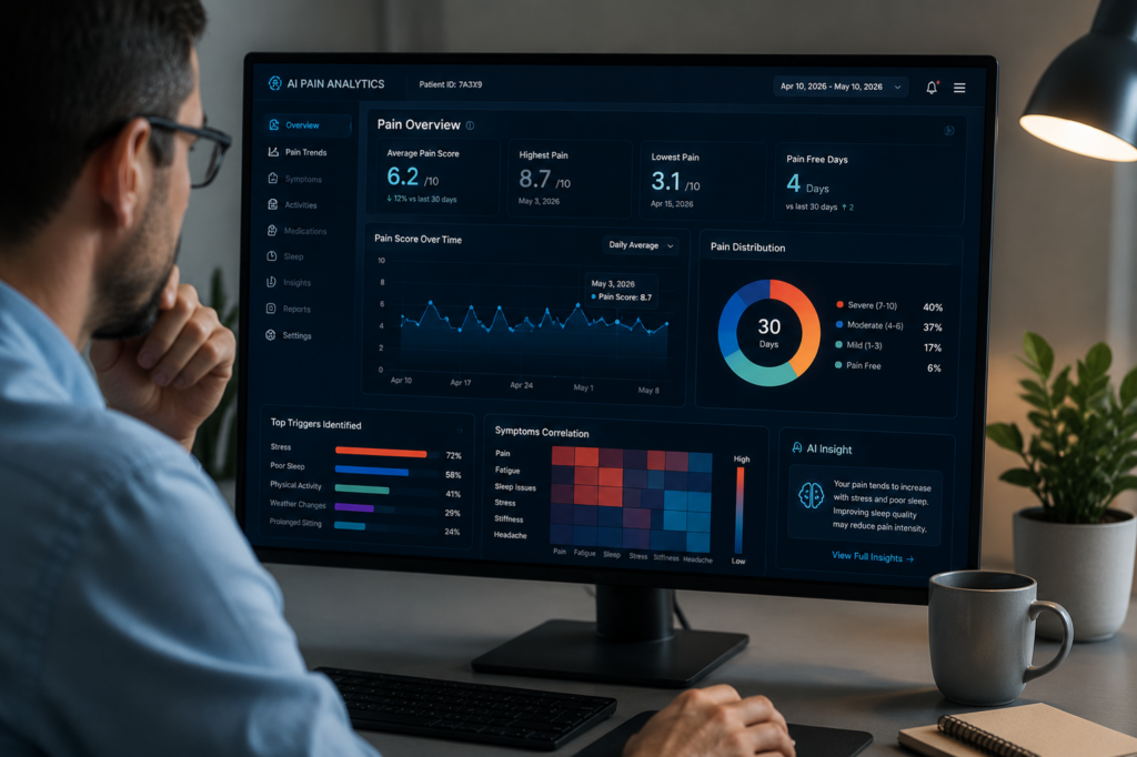 AI analyzing chronic pain data trends on digital health dashboard screen