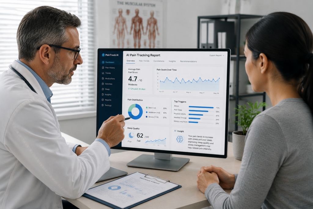 Doctor reviewing AI generated chronic pain tracking report with patient in clinic