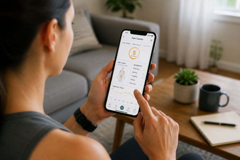 Person using smartphone app to track chronic pain levels and symptoms at home