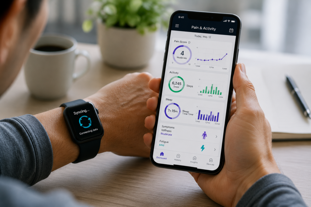 Smartphone app syncing with smartwatch to track chronic pain and activity data