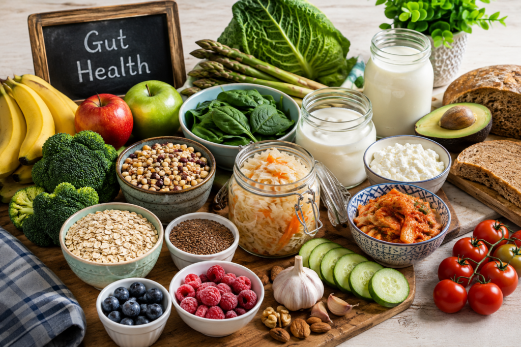 Healthy foods including fruits vegetables grains and probiotic foods for gut health