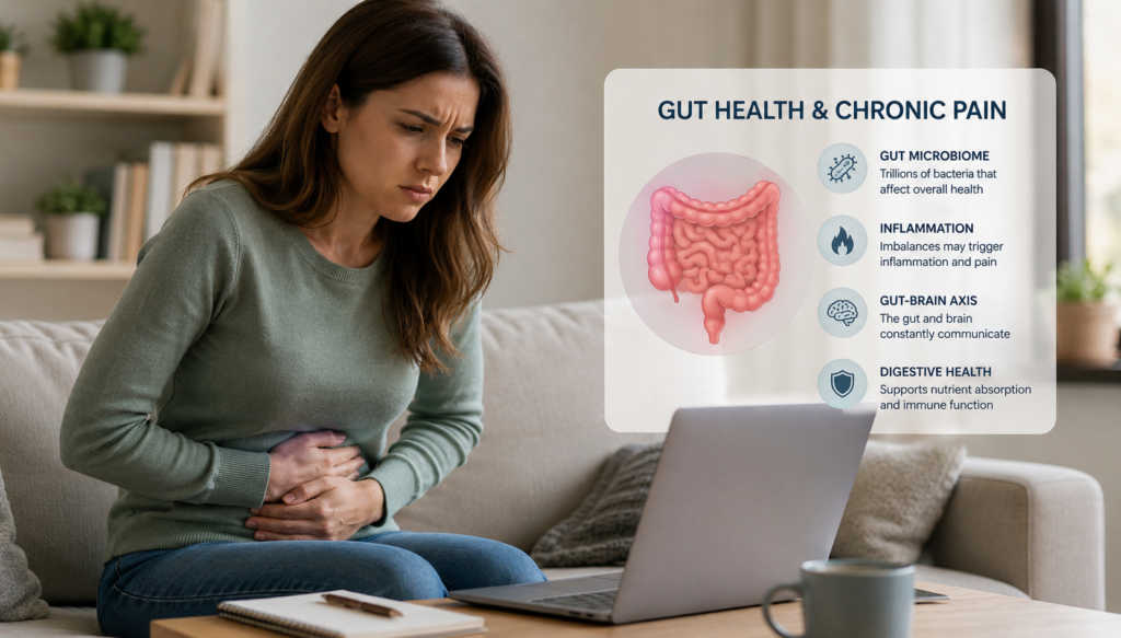 Person holding stomach while learning about gut health and chronic pain