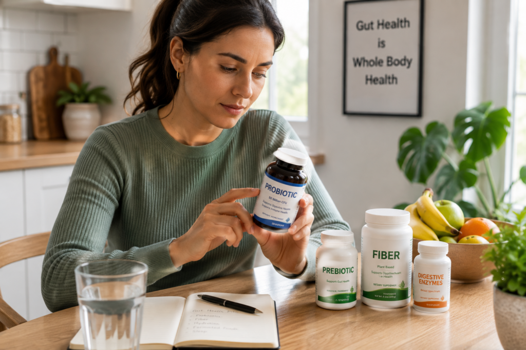 Person reviewing probiotic supplements as part of a gut health routine