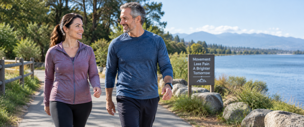 Adults walking outdoors together as part of gradual activity and chronic pain recovery