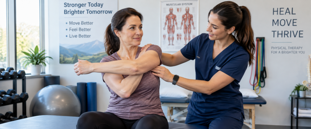 Physical therapist guiding patient through gentle movement during chronic pain rehabilitation