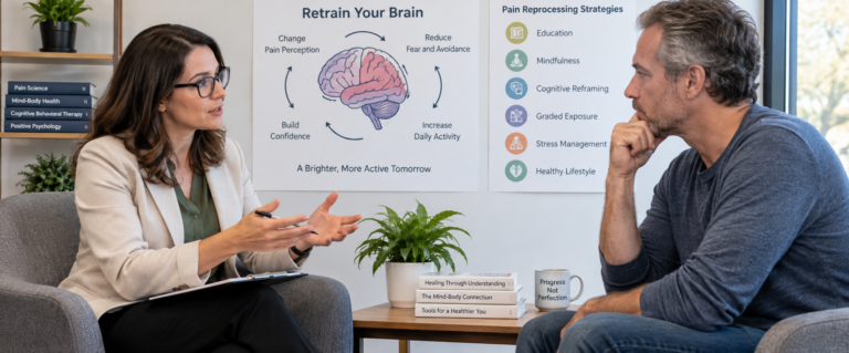 Therapist discussing chronic pain symptoms and pain reprocessing strategies with patient
